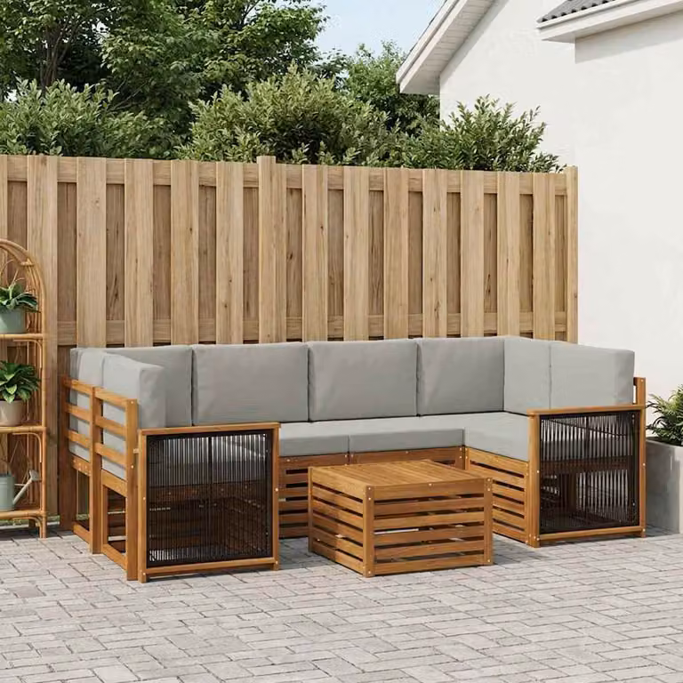 Set di divani da esterno vidaXL a forma di L composto da 7 pezzi con tavolo da caffè, in legno di acacia e tessuto beige e grigio