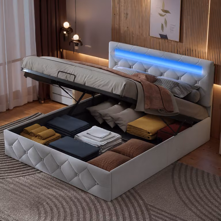 Letto imbottito idraulico 160x200cm con LED, letto contenitore con rete a doghe, letto giovanile letto matrimoniale a molle insacchettate con contenitore, Pelle finta, bianco