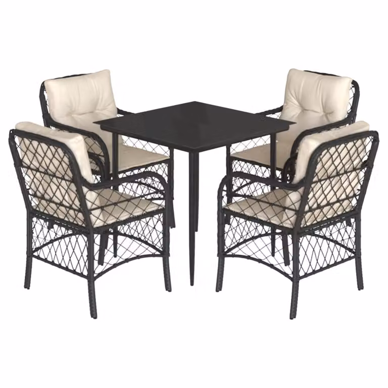 Set da Pranzo da Giardino 5 pz Nero con Cuscini in Polyrattan