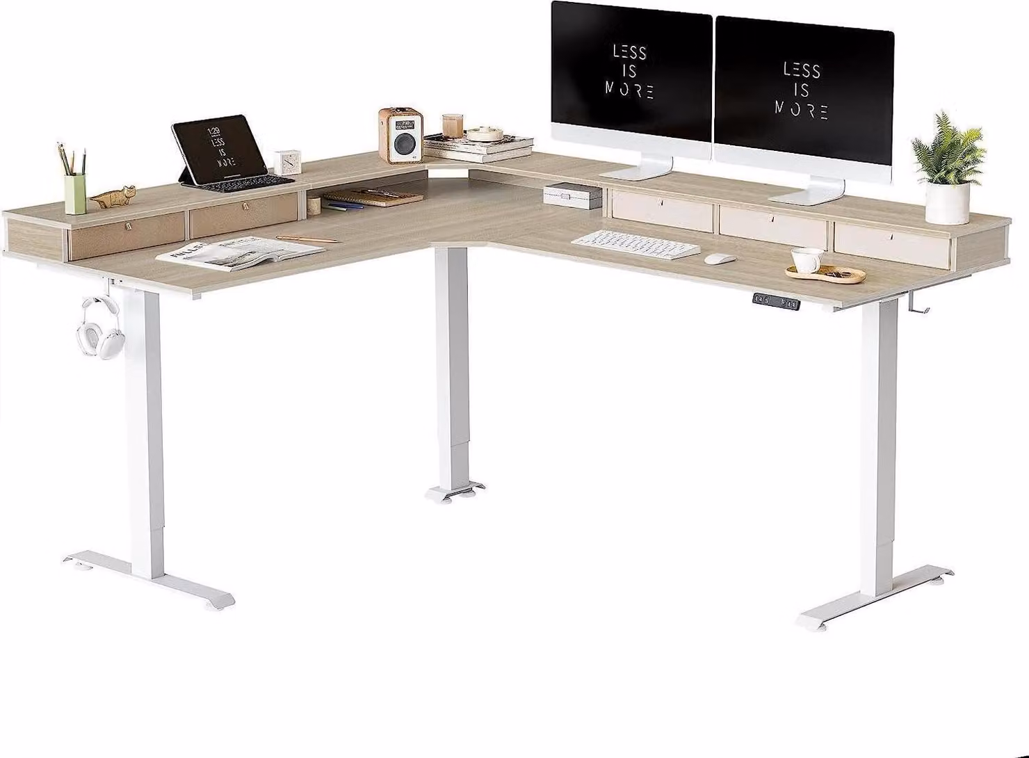 FEZIBO Scrivania a tre motori 190x160 cm a L regolabile in altezza scrivania elettrica ad angolo bianco/noce chiaro