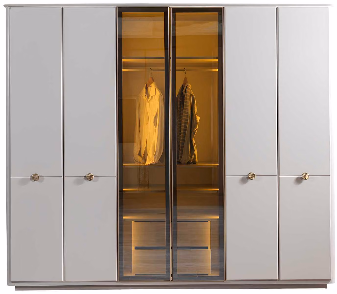 Armadio moderno bianco con inserti dorati e retroilluminazione