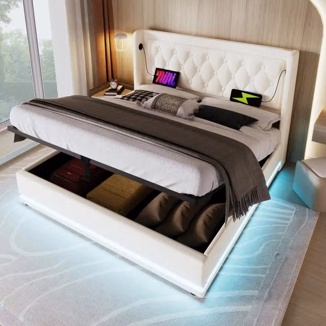 Letto matrimoniale contenitore MODFU in ecopelle bianca con testiera imbottita, illuminazione LED e porta USB Type-C, L/P: 180 x 200 cm