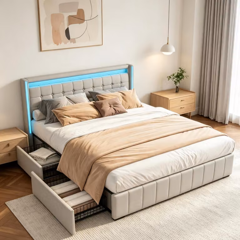 Letto imbottito INONEFT, 180 x 200 cm, con contenitore, rete a doghe, letto matrimoniale con 4 cassetti, letto per ragazzi con USB e LED, struttura del letto, tessuto in lino, color beige