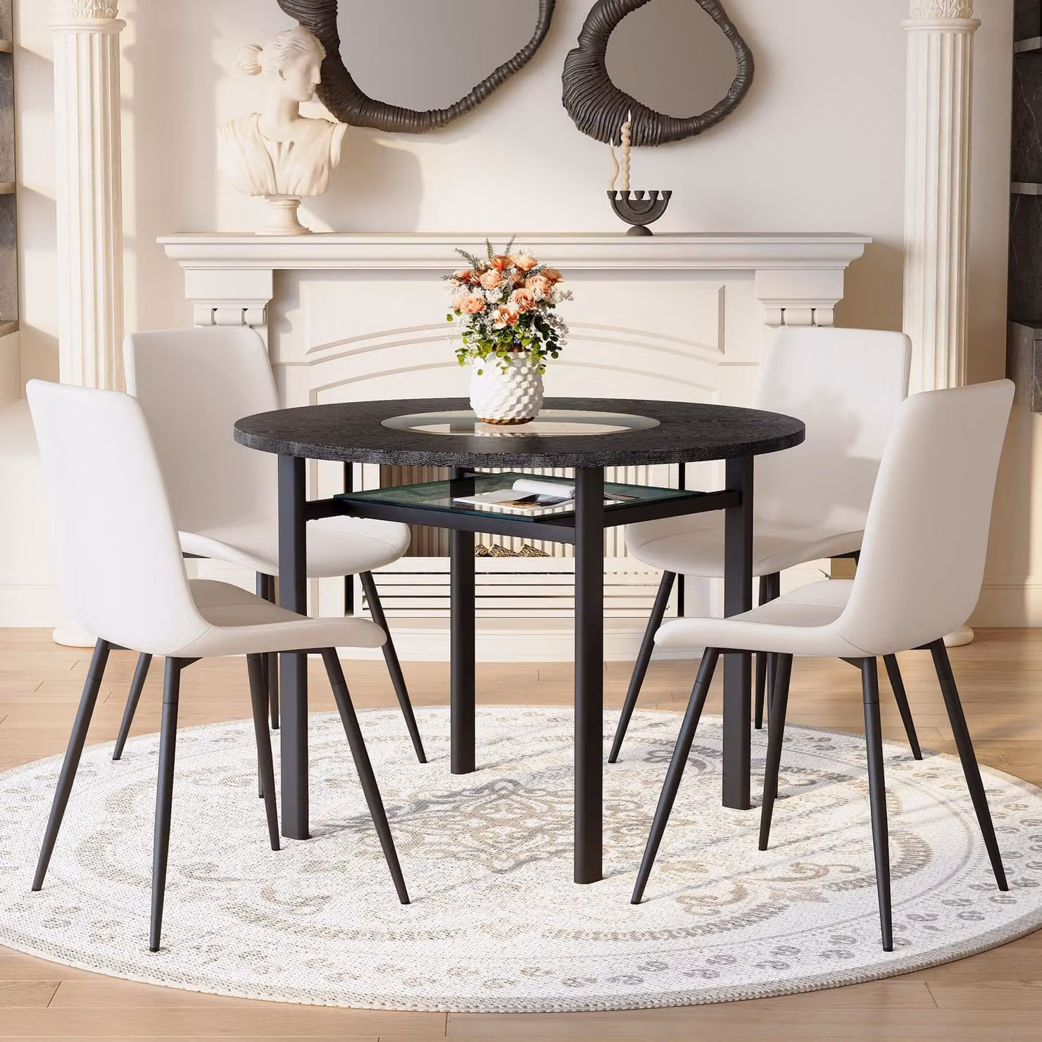 Set tavolo rotondo STILVORA con 4 sedie realizzate in materialePoliuretanoe con cuscini per una maggiore comodità. Tavolo rotondo di 100 cm con finitura effetto legno nero. Set da pranzo per soggiorno, colore bianco