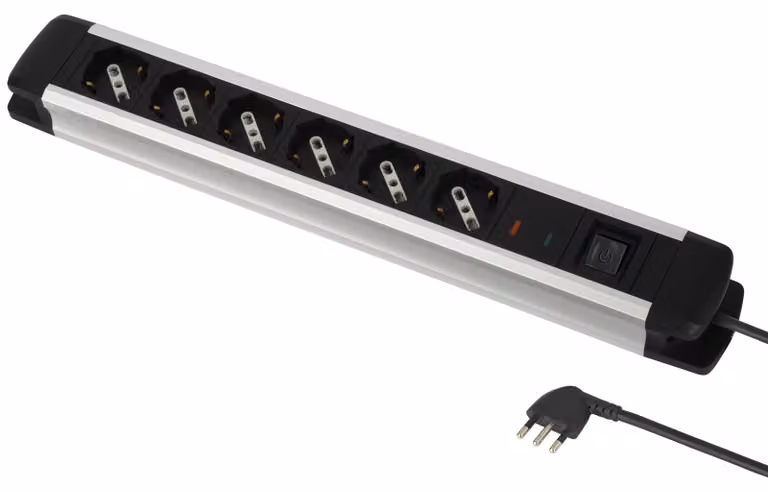Electraline 61904, presa multipla in alluminio, 6 prese, tipo Schuko +10/16 A, con interruttore
