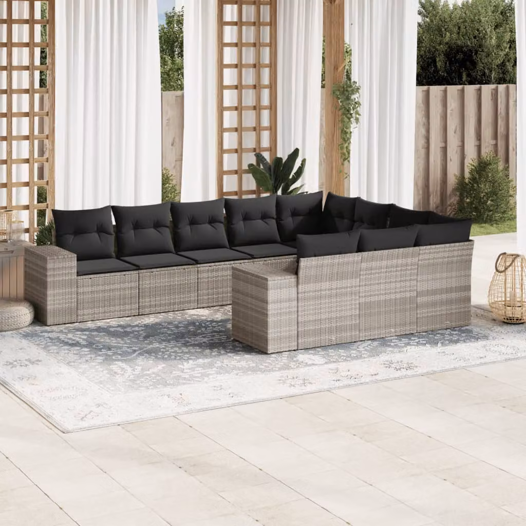 Set Divano da Giardino vidaXL 10 Pezzi in Polyrattan Grigio con Cuscini Imbottiti e Coperture Rimosse – 1