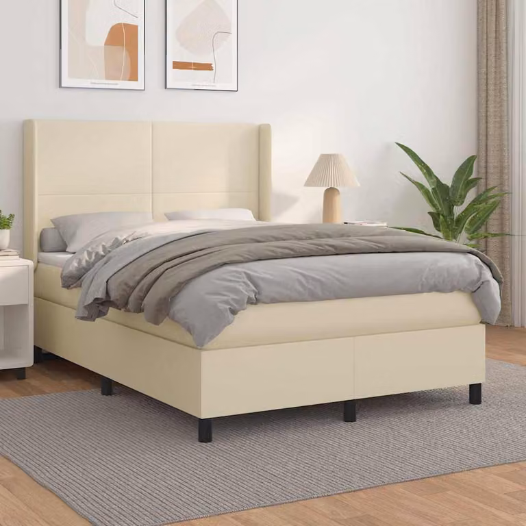 vidaXL Letto a Molle con Materasso in Similpelle Beige e Bianco L/P/H: 190 x 140 x 128 cm