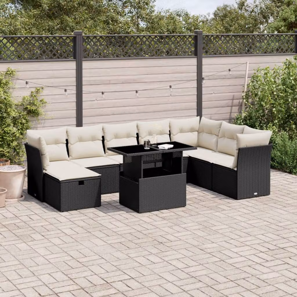 Set Divani da Giardino vidaXL 9 pz con Cuscini e Tavolino, Design Moderno a L in Polyrattan Nero e Bianco con Struttura in Acciaio – 1