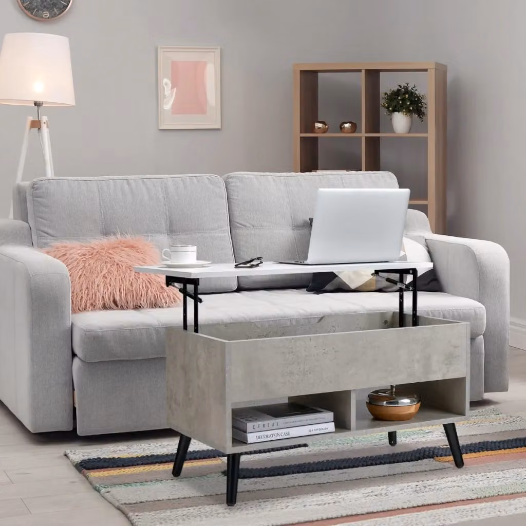 Tavolino da caffè moderno Design Mania con scomparto nascosto e meccanismo lift, Grigio e Bianco, L: 80,0 cm, P: 60,0 cm, H: 40,0 cm – 2