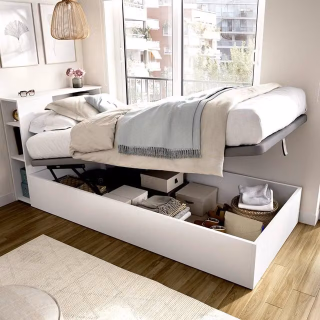 Letto per bambini DMORA moderno con contenitore a sollevamento e mensola laterale, Bianco, L: 197 cm, P: 97 cm, H: 96 cm