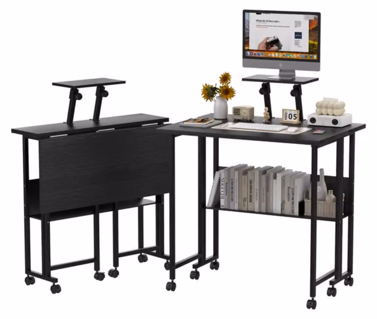 Scrivania pieghevole - Scrivania per computer con rotelle - Compatta e mobile - Con spazio contenitivo - Con cassetto estraibile per la tastiera - Ideale per piccoli spazi - Colore: nero