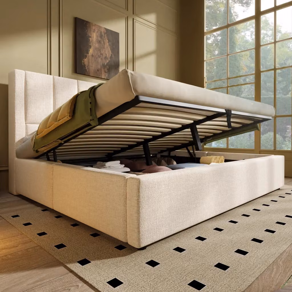 Letto Contenitore REDOM in Tessuto Beige con Porte USB e Ripiani Laterali L/P/H: 160 x 200 x 115 cm – 2