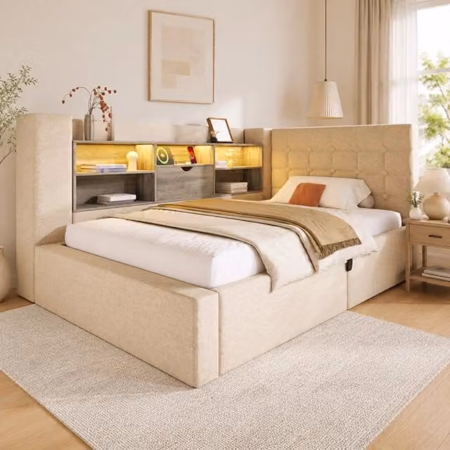 Letto contenitore ULEVR 90x190 cm con LED, porte USB e USB-C, testiera a L reversibile in tessuto beige