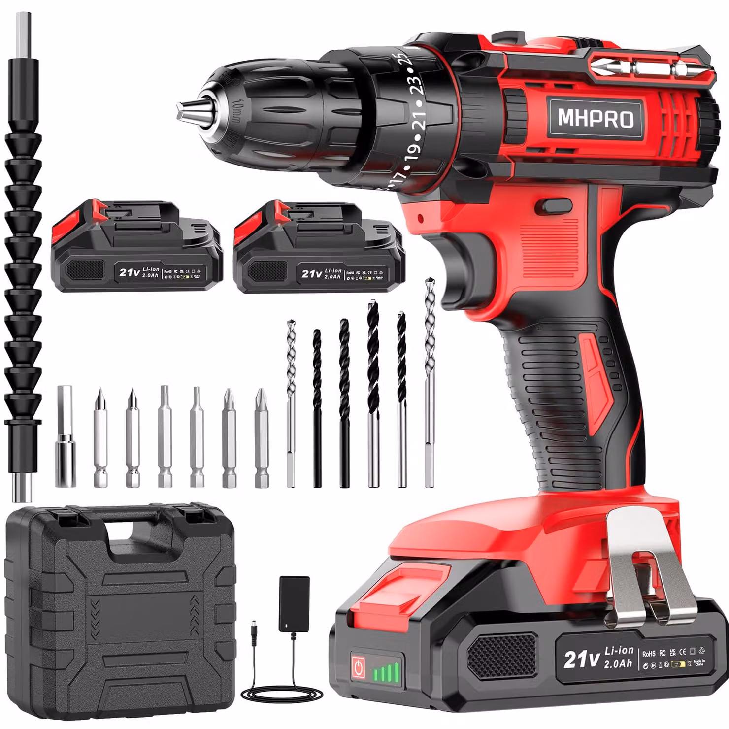 Trapano avvitatore a batteria, 21 V, con 2 batterie da 2,0 Ah, 25 + 3 impostazioni di coppia, 30 accessori