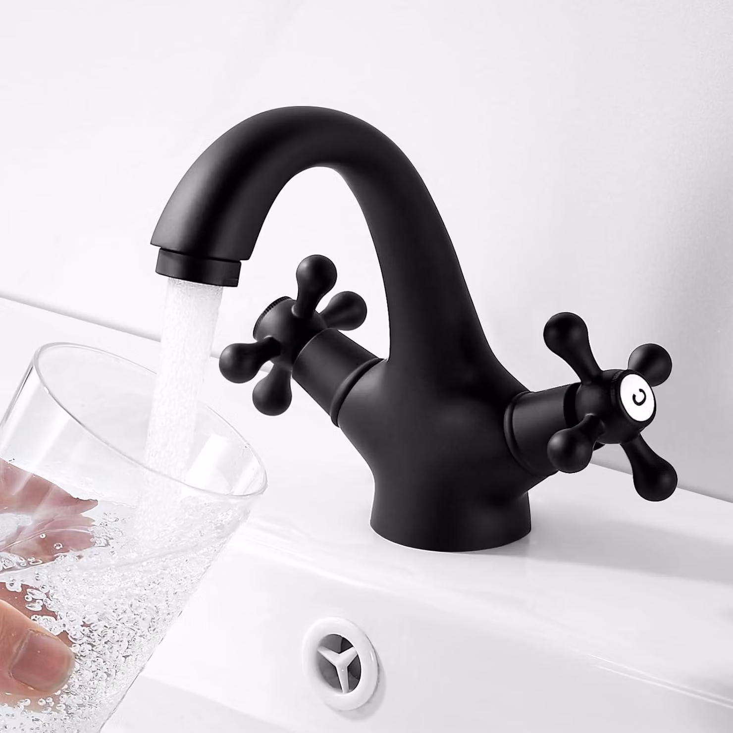 Miscelatore per lavabo, colore nero, in ottone, con maniglie a croce, per bagno