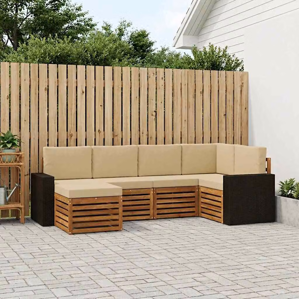 Set di divani da esterno vidaXL a forma di L composto da 6 pezzi in legno di acacia con cuscini beige e marrone per giardino e terrazza