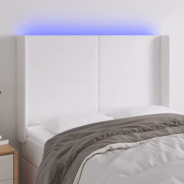 Testiera per letto con illuminazione LED e porta USB vidaXL in similpelle bianca, L: 147 cm, P: 16 cm, H: 118-128 cm