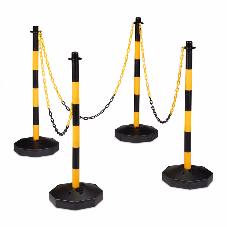 Set da 4 paletti di delimitazione con catena Relaxdays, paletti mobili con catena, A x P: 85 x 29 cm, barriera con paletti a catena, giallo/nero