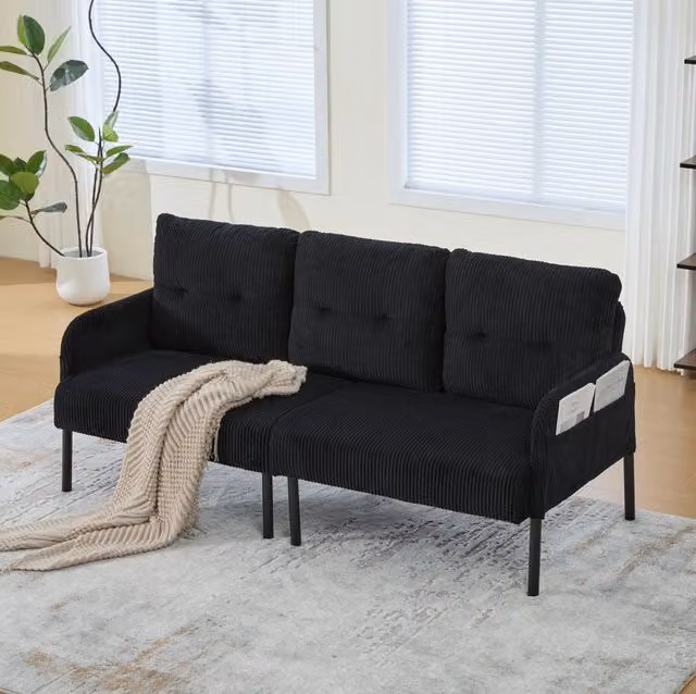 Divano 3 posti in corduroy nero con tasca laterale; struttura in metallo; 171 x 72 x 80 cm