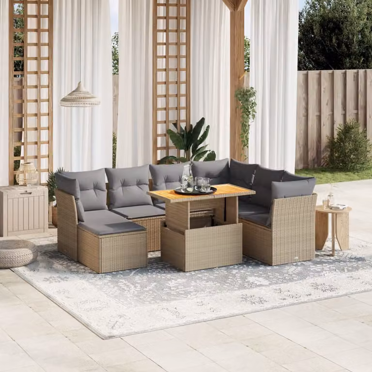 Set Divano da Giardino vidaXL 8 pz in Polyrattan con Cuscini Beige e Grigio e Tavolino da Esterno