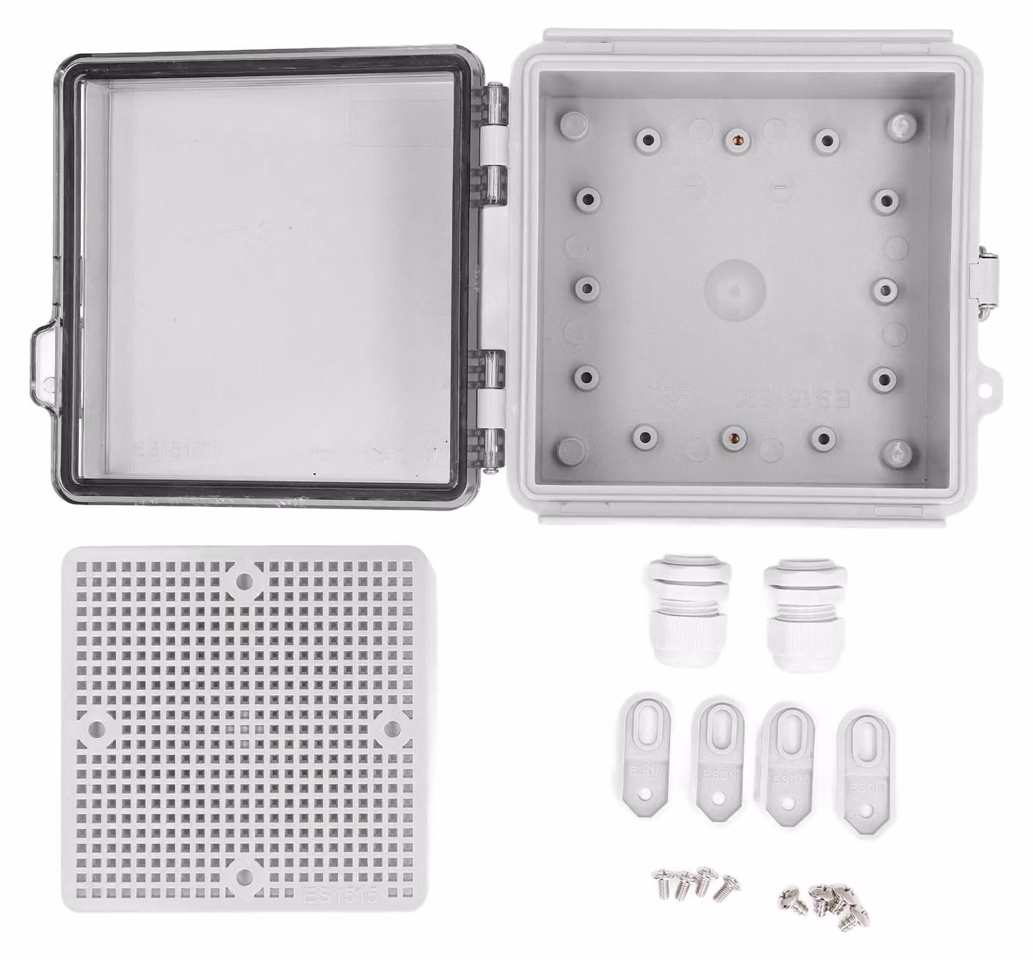 Contenitore di connessione impermeabile, con coperchio trasparente a battente, realizzato in plastica ABS, grado di protezione IP67, adatto per uso esterno e dotato di piastra di montaggio