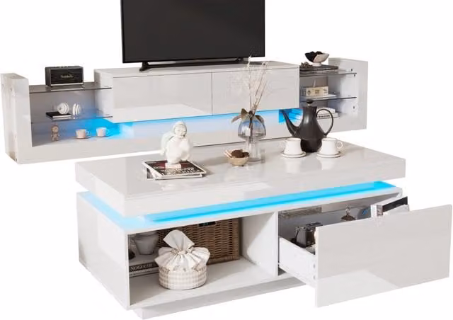 Set TV e soggiorno: mobile TV a parete lucido + tavolino da salotto, bianco