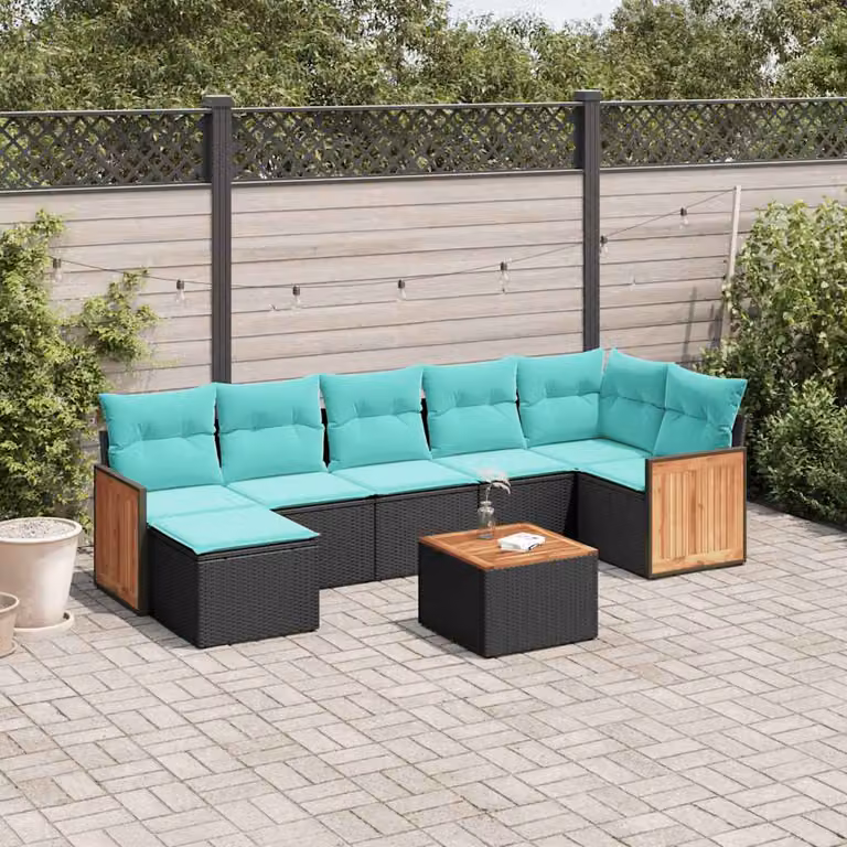 Set Divani da Giardino vidaXL 8 Pezzi in Polyrattan Nero con Cuscini e Tavolino da Esterno