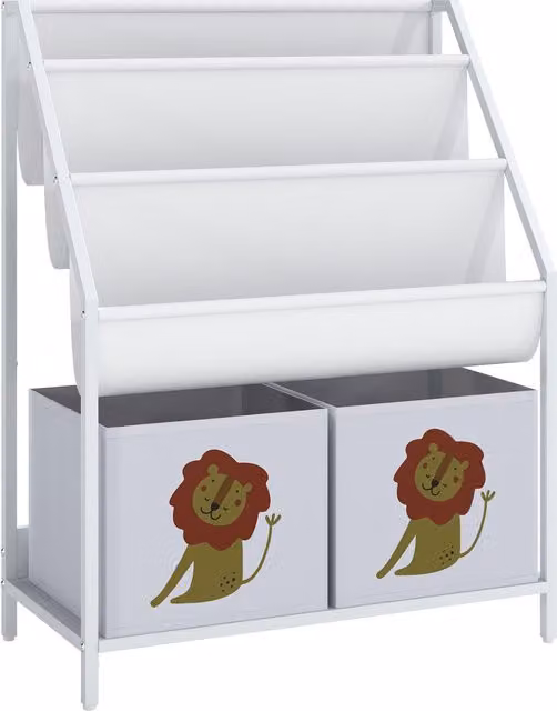 Libreria Montessori AIYAPLAY per bambini dai 3 ai 8 anni con 4 ripiani, 2 contenitori e stampa leone, bianco Aosom Italy – 1
