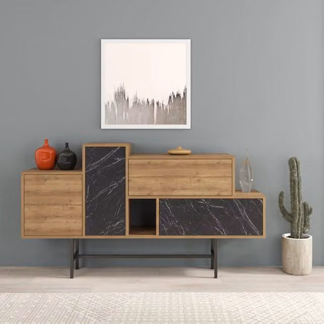 Madia Hermes colore hitit noce con ante e cassetti effetto marmo nero 160 cm