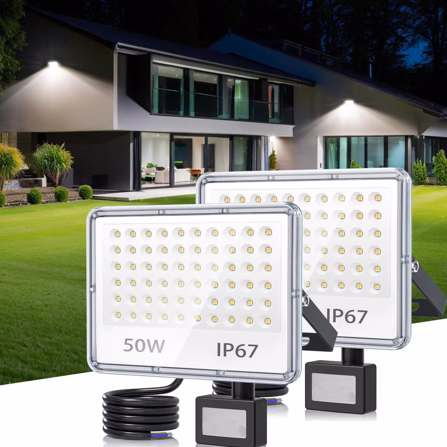 Lampada a LED con sensore di movimento, 50 W, set da 2, 5000 lumen, grado di protezione IP67