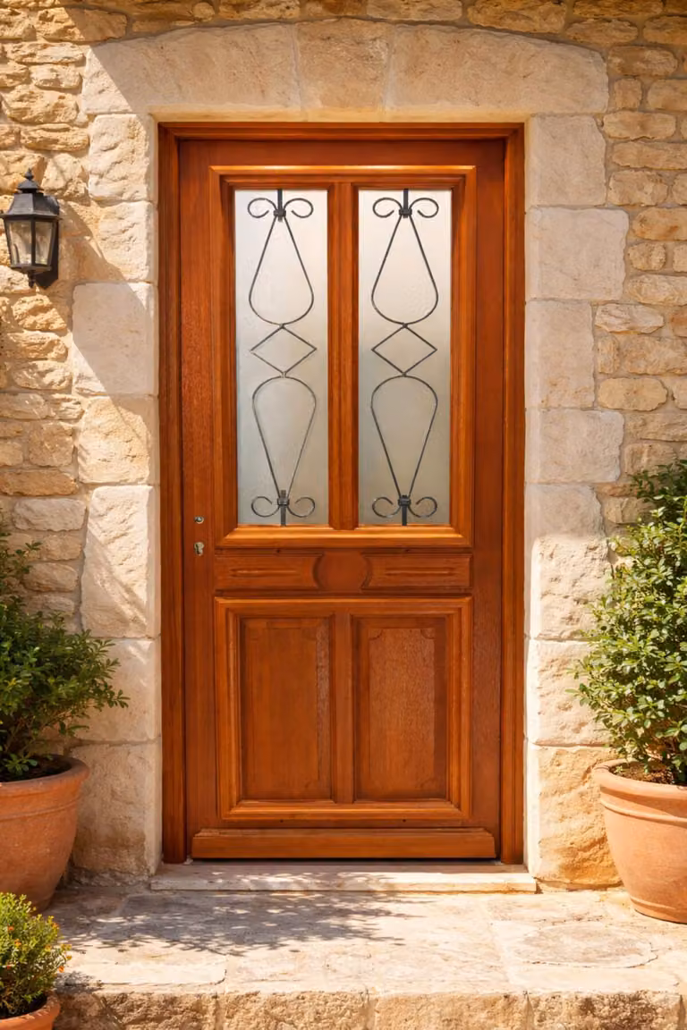 Porta d'ingresso in legno con vetro Baya, H.200 x L.90 cm, lato pannello dritto, maniglia, cilindro, pulsante, GD MENUISERIES