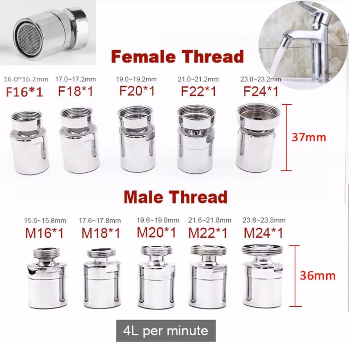 Adattatore per aeratore di rubinetto girevole a 360 gradi - filettatura femmina da 18 mm