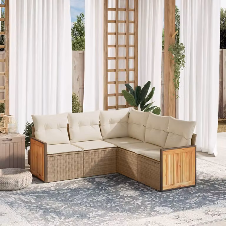vidaXL Set Divano da Giardino 5 pz a L in Polyrattan Beige con Cuscini Imbottiti e Rivestimenti Rimovibili