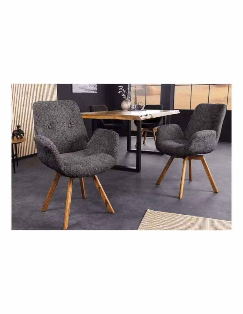 Set di 2 sedie design SORRANO MEUBLORAMA girevoli a 360 in tessuto bouclé grigio scuro con gambe in rovere chiaro – 2