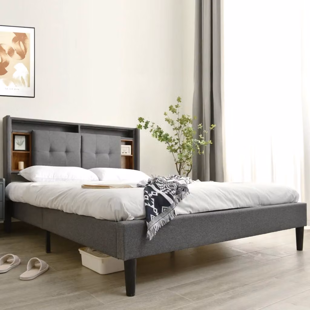 Letto imbottito Mivray in lino grigio con testiera contenitore, illuminazione LED, porte USB e prese elettriche, L/P: 160 x 200 cm – 2