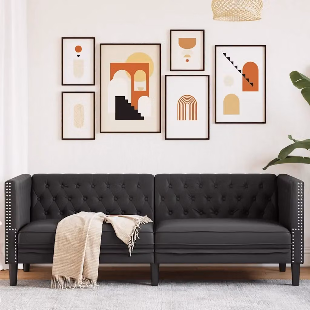Sofa Chesterfield a 3 posti in similpelle nero per soggiorno L: 194 cm, H: 74,5 cm, P: 70,5 cm – 2