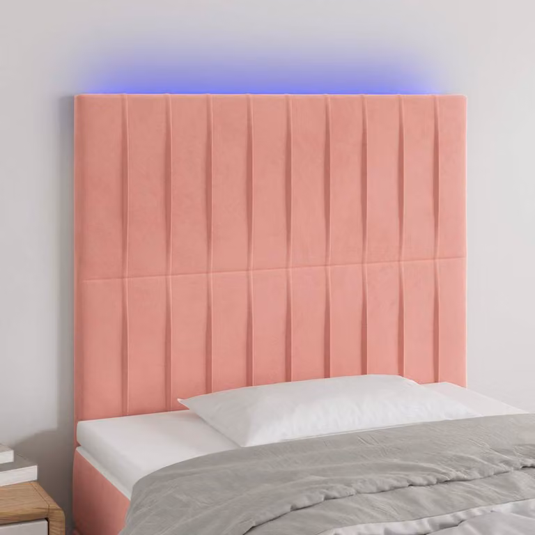 Testiera per letto vidaXL in velluto rosa con illuminazione LED integrata e porta di ricarica USB, L: 90 cm, P: 5 cm, H: 118-128 cm
