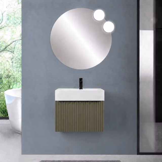 Mobile bagno sospeso 70 cm verde opaco con un cassetto e lavabo alto in resina Nara