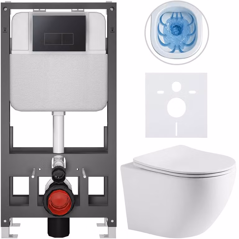 Set completo per WC a pavimento "Cesso" - bianco opaco - pulsante Prime/Modulo, nero - modello autoportante - installazione a parete/con pannelli di cartongesso - 49x36 cm