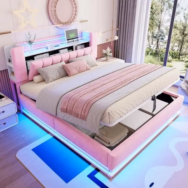 Letto imbottito contenitore con LED ¨C Minimal ¨C Rosa velluto metallo idraulico 180x200 cm