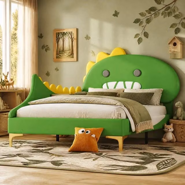 Letto singolo Mivray con testiera a dinosauro in ecopelle e MDF, colore verde, L/P: 90 x 200 cm