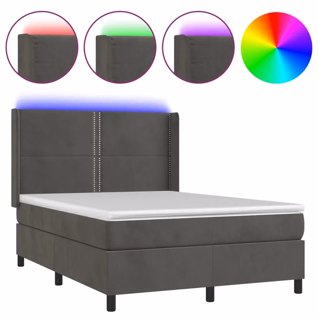Letto Ibrido con Materasso vidaXL in Velluto Grigio con Illuminazione LED e Porte USB L/P/H: 140 x 190 x 128 cm – 2