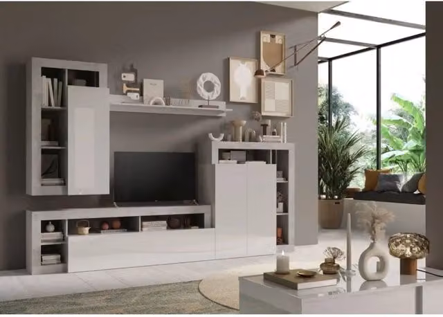 Set di mobili da soggiorno, collezione BURA, lunghezza 290cm. Colori cemento e bianco lucido lacato