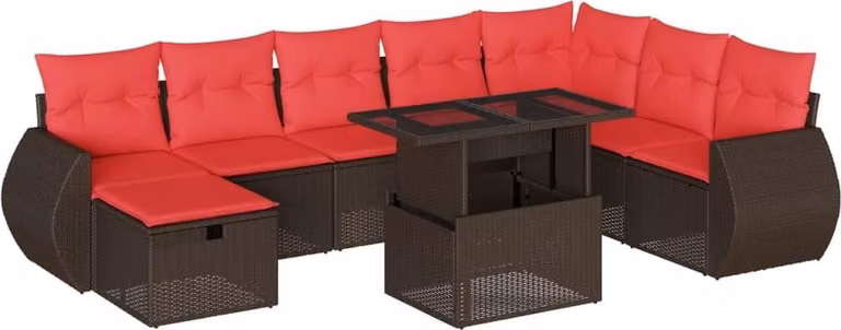 Set Divani da Giardino 9 pz con Cuscini Marrone in Polyrattan