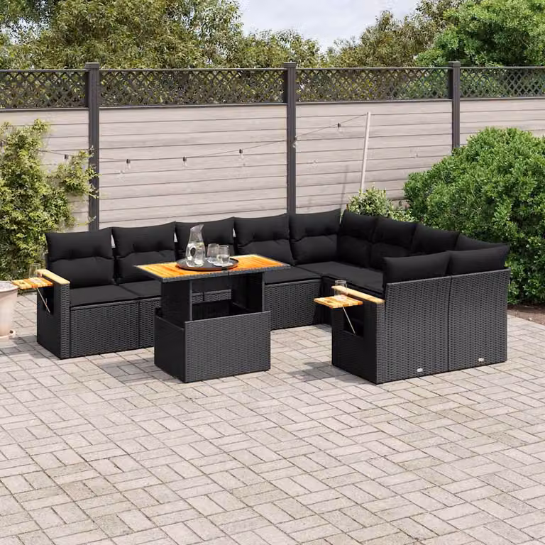 Set di Divani da Giardino vidaXL a Forma a U in Polyrattan Nero con Cuscini e Tavolino da Caffè