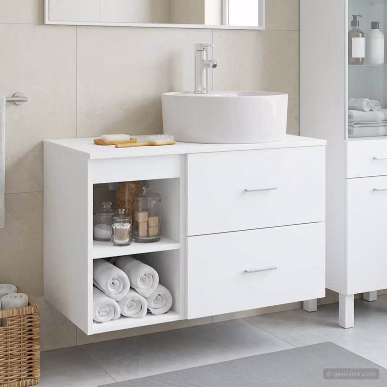 Set di mobili da bagno moderno vidaXL in 2 pezzi, colore bianco, con mobile lavabo e contenitore a parete in legno ingegnerizzato