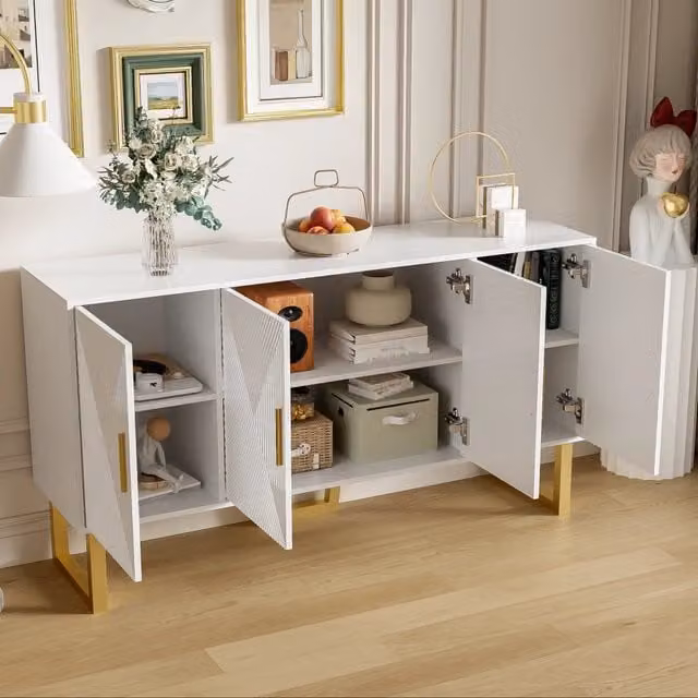 Credenza moderna MIVRAY a 4 ante lucide con ripiani regolabili in MDF e truciolare, colore bianco e oro, L 150 x P 40 x H 82 cm