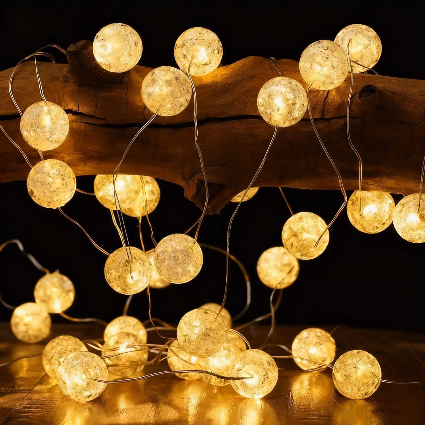 Catena luminosa da 2 metri, 20 LED, sfere di cristallo, luce bianco caldo, timer, alimentazione USB