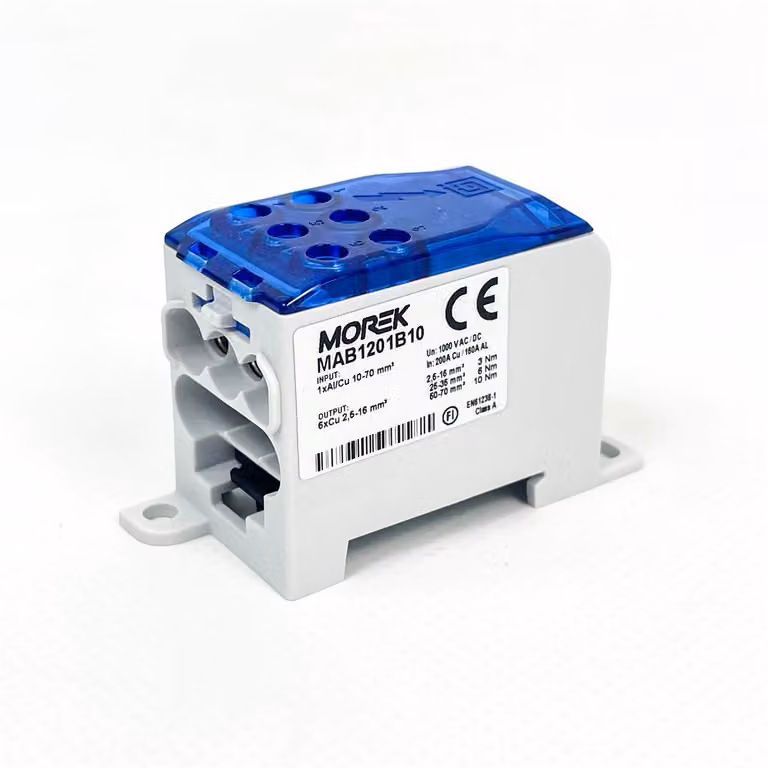 Blocco di distribuzione MOREK OJL200A, modello MAB1201B10, blu, 1 ingresso Al/Cu da 70 mm², 6 uscite Cu da 16 mm², compatto per una distribuzione flessibile dell'energia elettrica