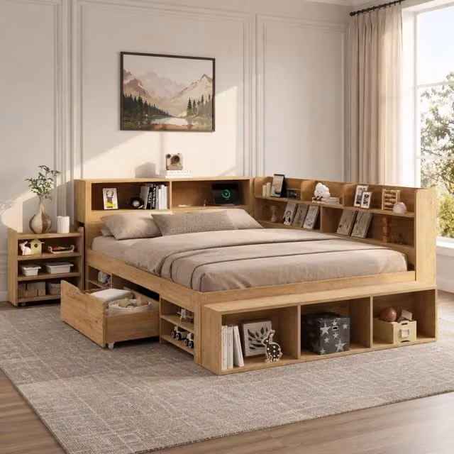 Letto per bambini multifunzionale 140x200 cm con cassetti, ripiani e ricarica wireless, senza materasso, colore legno naturale
